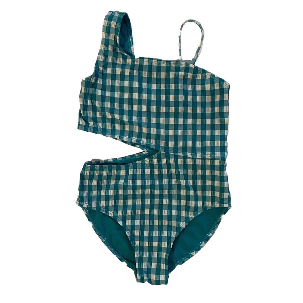 Wonder Nation Girls Bathing Suit Blue/Green Gingham Check Size Medium 7-8